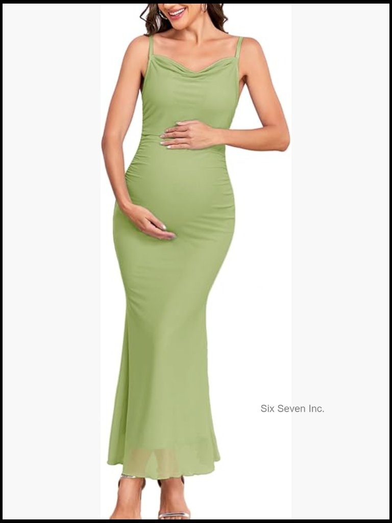 Maternity Cowl Neck Mesh Dress Spaghetti Strap Ruched Bodycon Mermaid Gown
